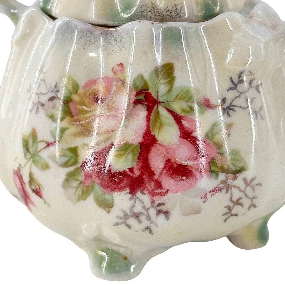 Vintage German Sugar Bowl Floral‎ Hand Painted Gilt Farmhouse Kitchen Country